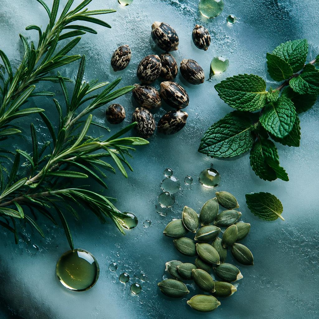 Rosemary, castor beans, peppermint leaves and pumpkin seeds with oil droplets
